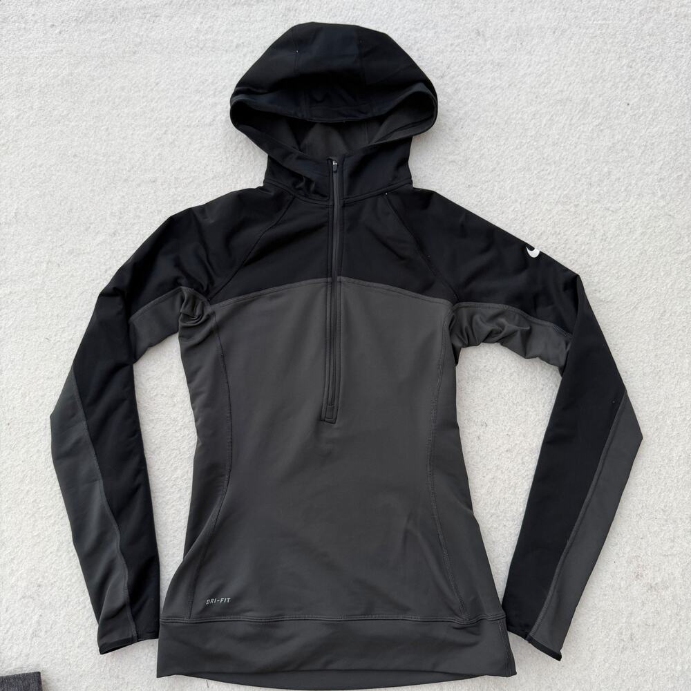 Nike Pro Half Zip Workout Hoodie Women's Size S Black Gray Pullover Sweatshirt